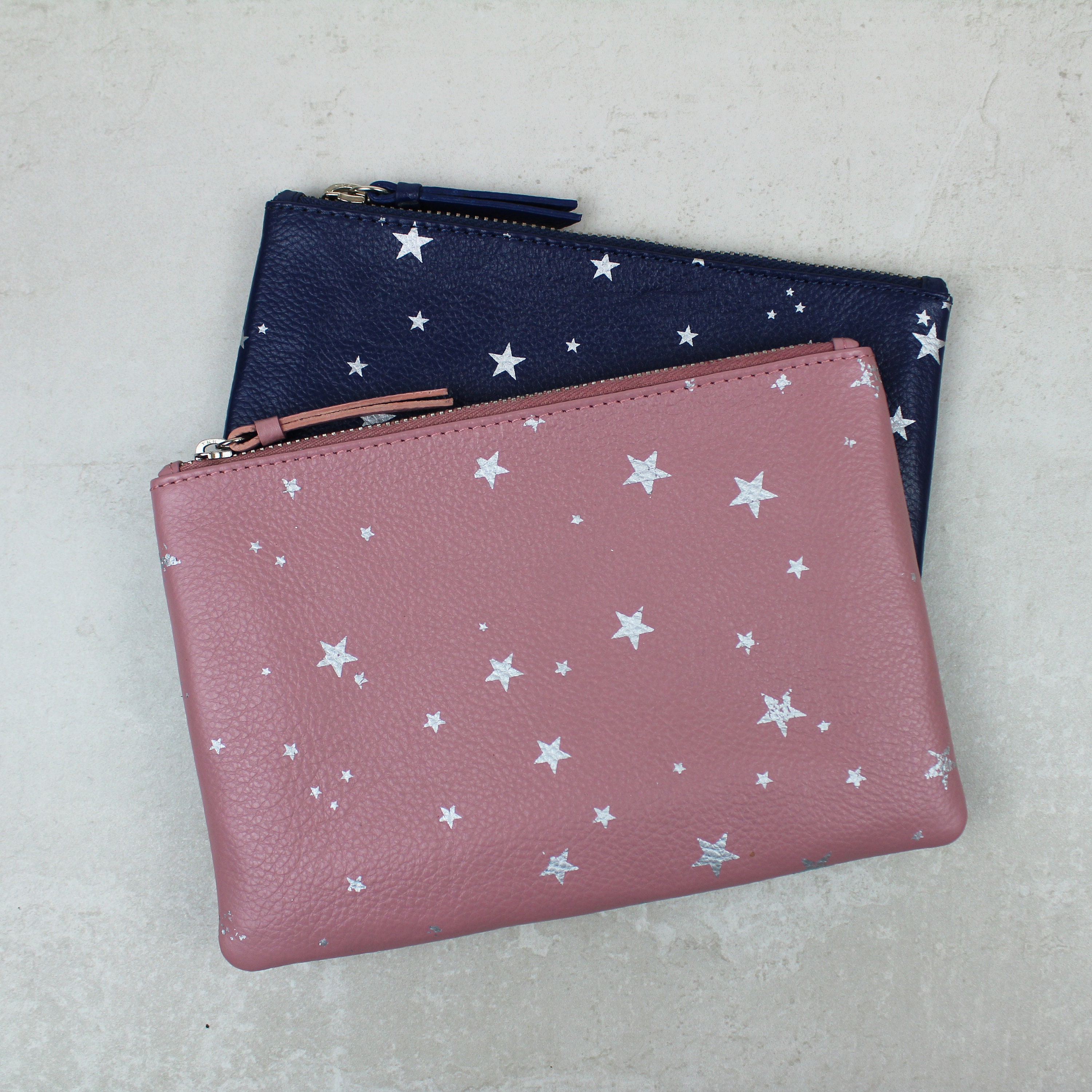 Personalised Star Print Leather Pouch | Essentials Evening Clutch, Cosmetic Case, Travel Wallet, Genuine Leather