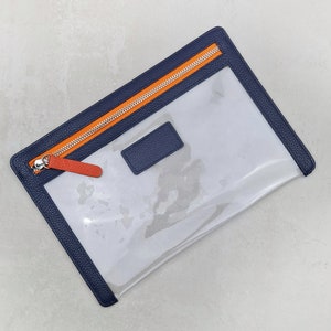 Personalised Leather Clear Travel Wallet | Leather Travel Zip Pouch, Clear Travel Wallet, PVC Document Wallet Navy with Orange Zip