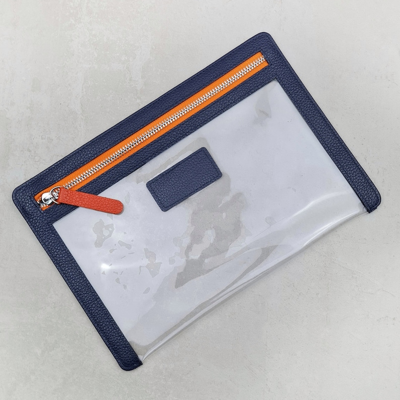 Personalised Leather Clear Travel Wallet | Leather Travel Zip Pouch, Clear Travel Wallet, PVC Document Wallet Navy with Orange Zip