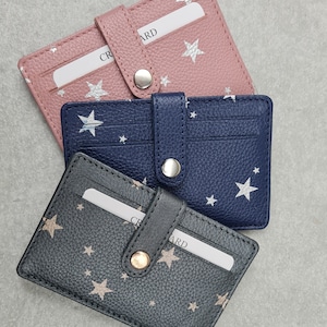 Tarjetero plegable de cuero con estampado de estrellas personalizado / Tarjetero de crédito, Cuero genuino, Billetera de lujo, Tarjetero de viaje