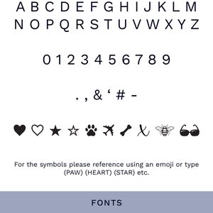 May include: A chart showing the characters, numbers, and symbols available for personalization. The fonts Verdana and Times New Roman are shown with the letters A, B, C, 1, 2, and 3.