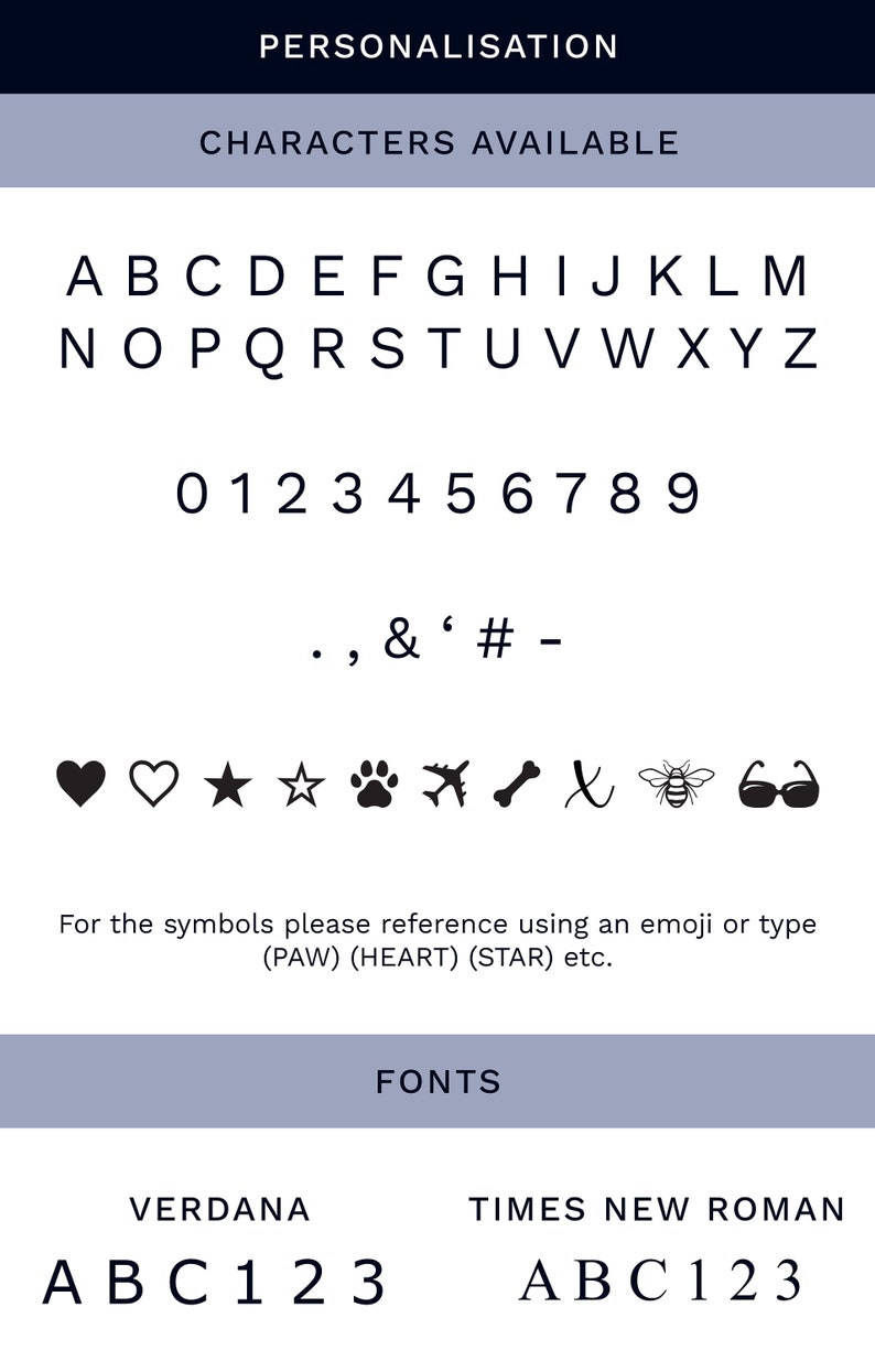 May include: A chart showing the characters, numbers, and symbols available for personalization. The fonts Verdana and Times New Roman are shown with the letters A, B, C, 1, 2, and 3.