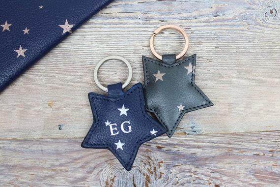 Personalised Star Print Leather Star Keyring Genuine Leather Key Fob Initials Monogram Birthday Valentine s Etsy