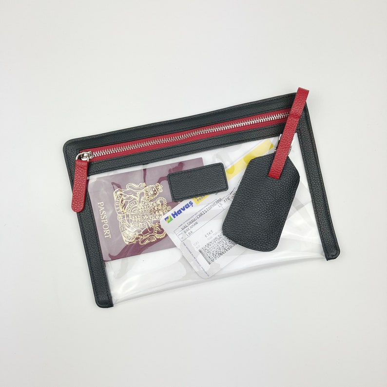 Cartera de viaje de cuero transparente personalizada y etiqueta para equipaje / Estuche de viaje con cremallera, Cartera de PVC para documentos, Billetes de vacaciones imagen 5
