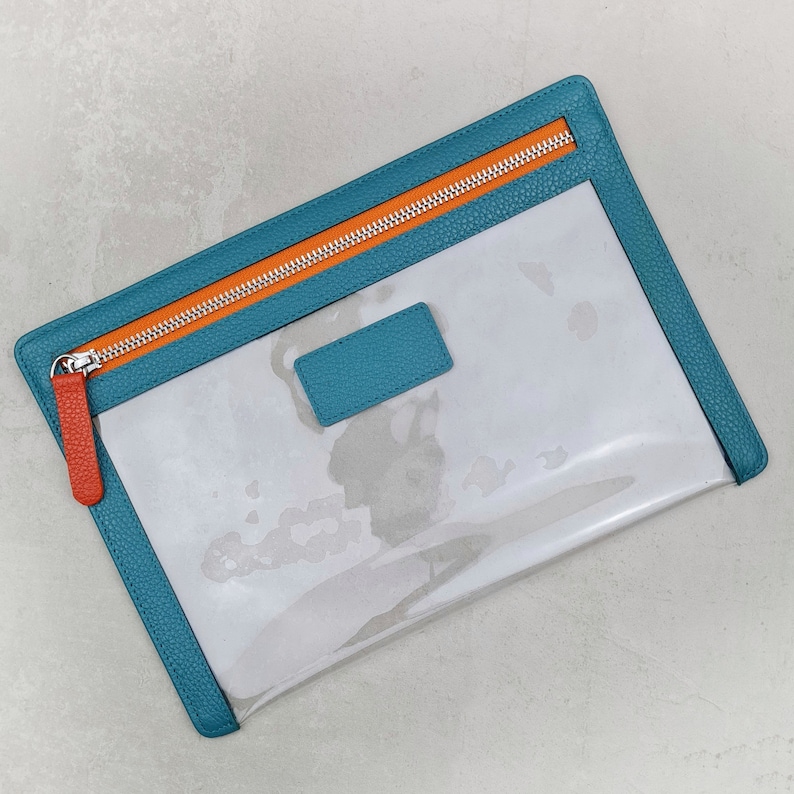 Personalised Leather Clear Travel Wallet | Leather Travel Zip Pouch, Clear Travel Wallet, PVC Document Wallet Teal with Orange Zip