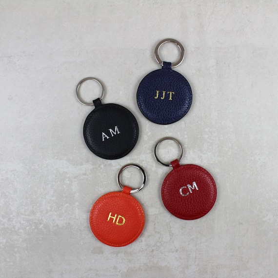Personalised Textured Nappa Leather Round Keyring | Fob for Bag or Keys, Genuine Leather, Monogram Initials, Birthday