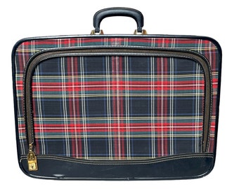 Mid Century Suitcase Vintage Plaid Luggage 50s 60s Retro Tartan Plaid Bag Mid Century Train Case