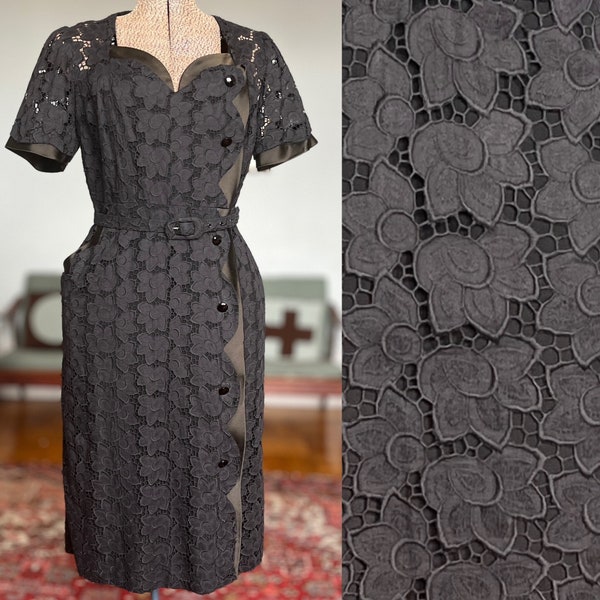 Vintage Cocktail Dress 1940s Belted Volup Secretary Eyelet Lace Hepburn Audrey Hollywood Glamour