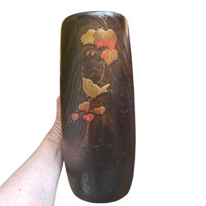 Antike Holzvase Vintage Japanische Ikebana Vase Kiri Holzvase Kupfer Inlay Vogel Blätter