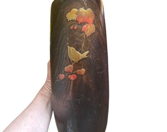 Antique Wood Vase Vintage Japanese Ikebana Vase Kiri Wood Vase Copper Inlay Bird Leaves