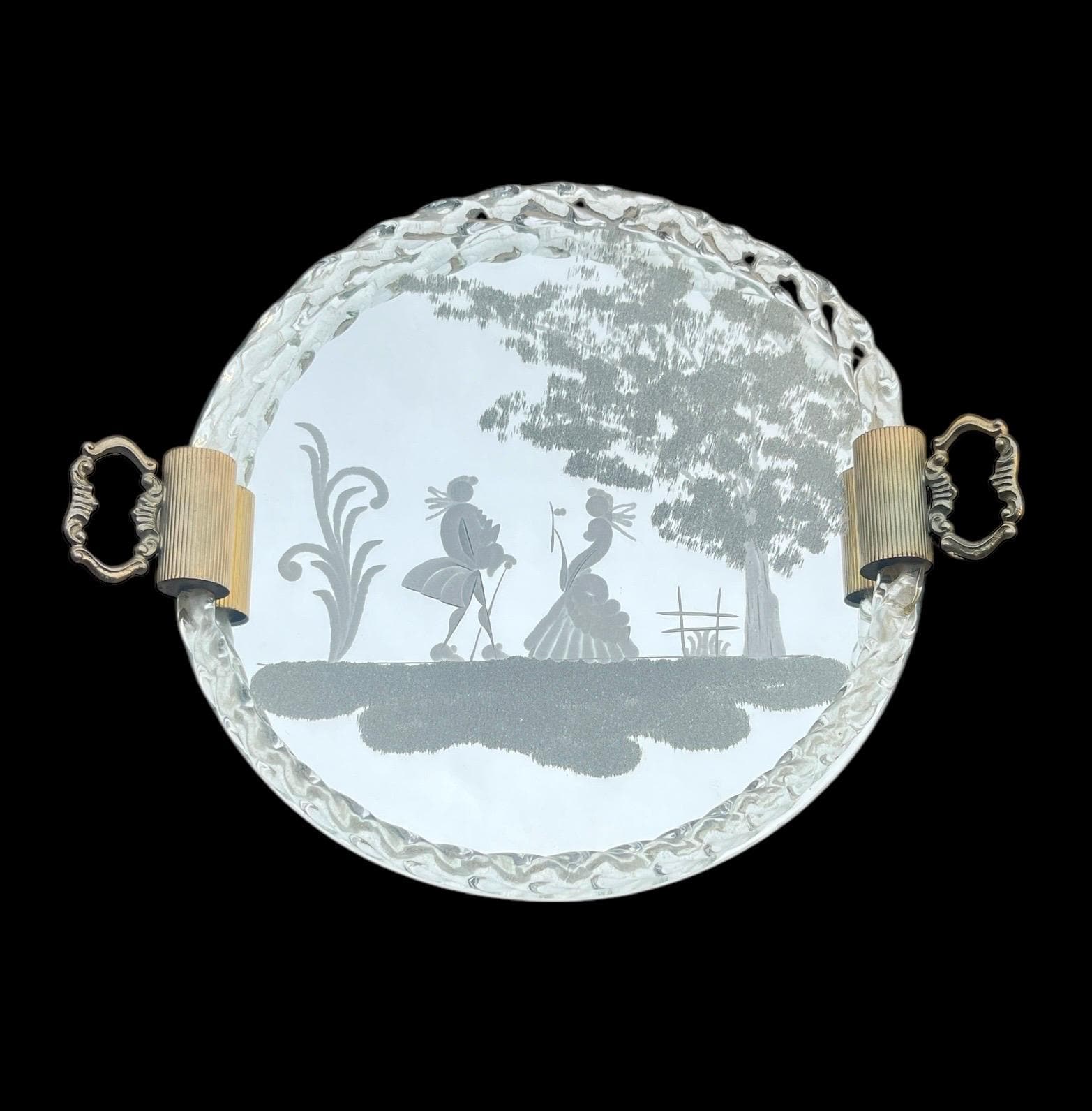 Ercole Barovier Vintage Venetian Glass Vanity Tray Reverse Etched Mirror Tray Cocktail Serving Tray Italy Gold Fleck Gilt Handle