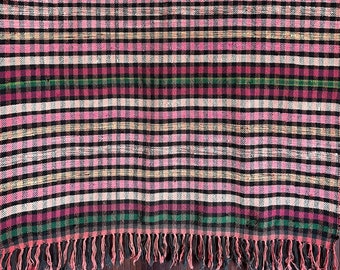 Vintage Hand Loomed Rug Wall Hanging Handwoven Textile Check Plaid Stripe Fringe