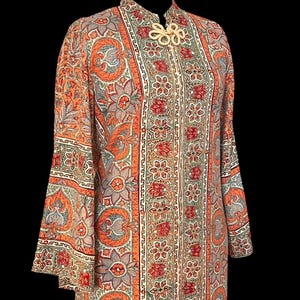 Vintage Caftan Maxi Robe | Cotton Paisley Block Print | 1970s Boho Hippie Kaftan