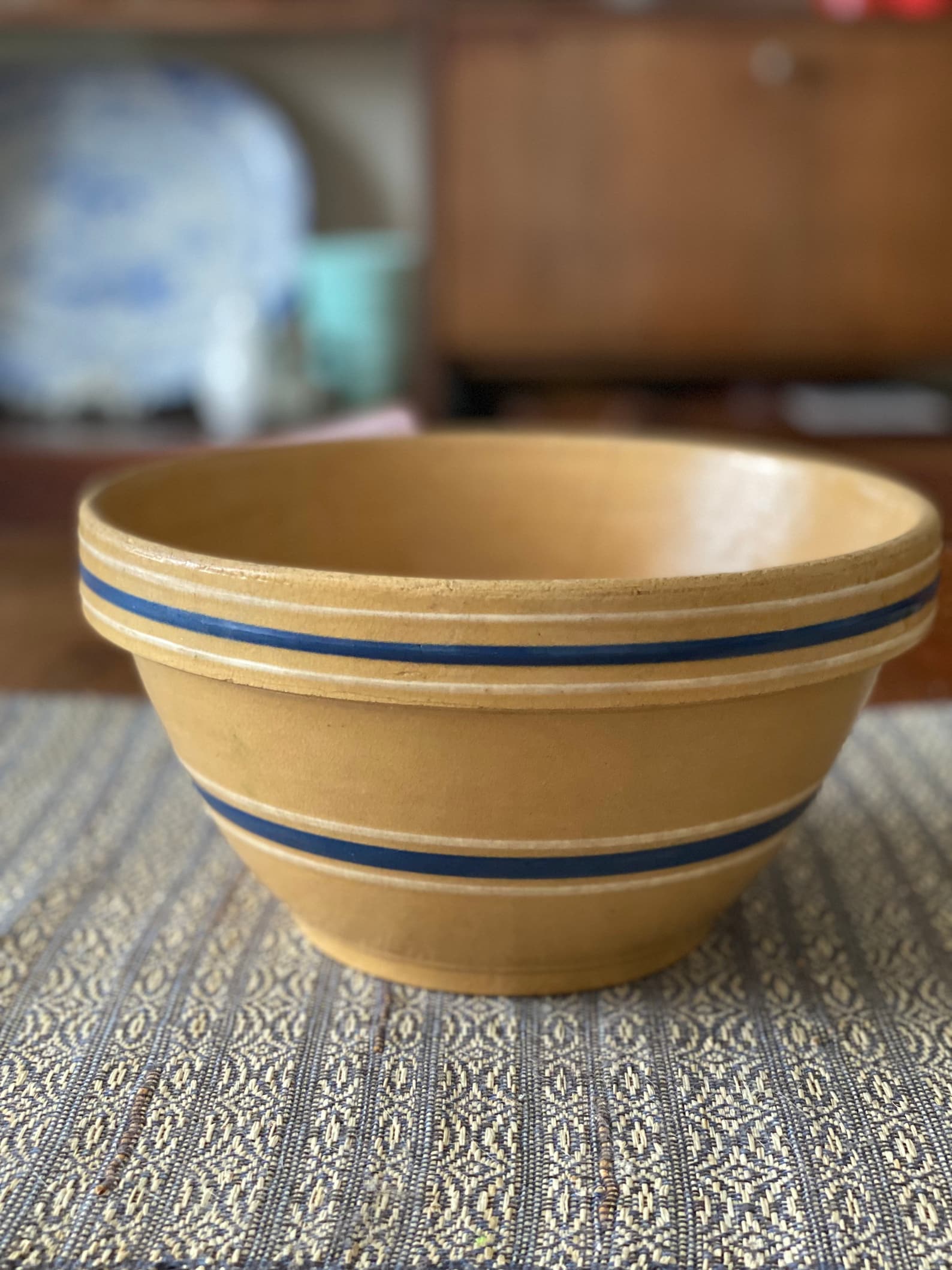 Antique Yellow Ware Bowl Blue & White Stripe Bands 9 9.5 Etsy UK