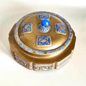 Antique Chinese Tea Caddy Cloisonné Brass Enamel Chinese Tea Box Champleve Round Brass Box Vintage