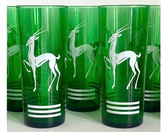 8 Glass Set MCM Cocktail Tumblers Highball Mid Century Bar Glasses Gazelle Birds Emerald Green Glass