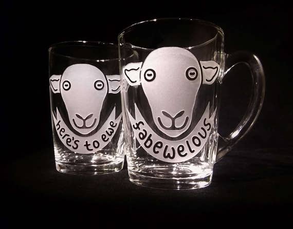 Sandblasted/Deeply Etched Glass Mug Sheep Lovers Gift FABEWELOUS Personalised Gift.