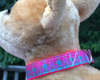 Pastel Mermaid Scales Pink and Turquoise Adjustable Dog Collar Size Small - "The Kai"