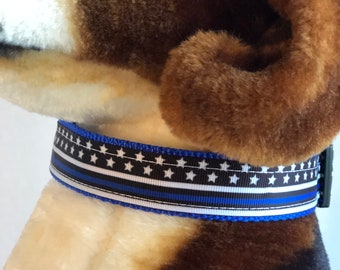 Thin Blue Line Themed Blue and Black Adjustable Dog Collar Size Medium - "The Dennis"