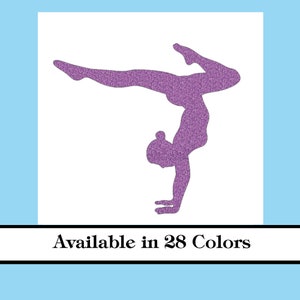 May include: Purple glitter silhouette of a gymnast doing a handstand. Available in 28 colors.