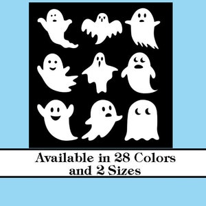 May include: Nine white ghost silhouettes on a black background. Available in 28 colors and 2 sizes.
