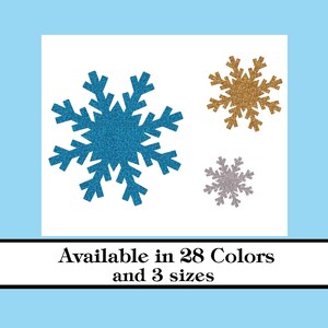 May include: Three glitter snowflake cutouts in blue, gold, and silver. Available in 28 colors and 3 sizes.
