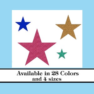 May include: Four glitter stars in different colors and sizes. The stars are blue, pink, gold, and green. Available in 28 colors and 4 sizes.