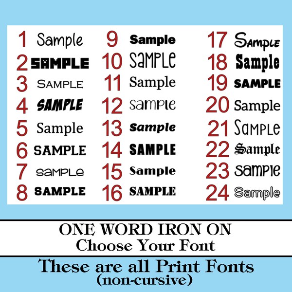 Iron On Name or ONE Word Custom Print Vinyl Decal Choose your Color Personalized Heat Transfer Glitter or Matte name iron on