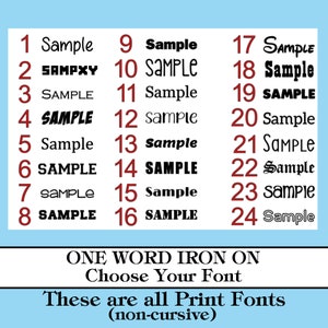 May include: A chart showing 24 different font styles for iron-on lettering. The chart is labeled "ONE WORD IRON ON Choose Your Font" and "These are all Print Fonts (non-cursive)".