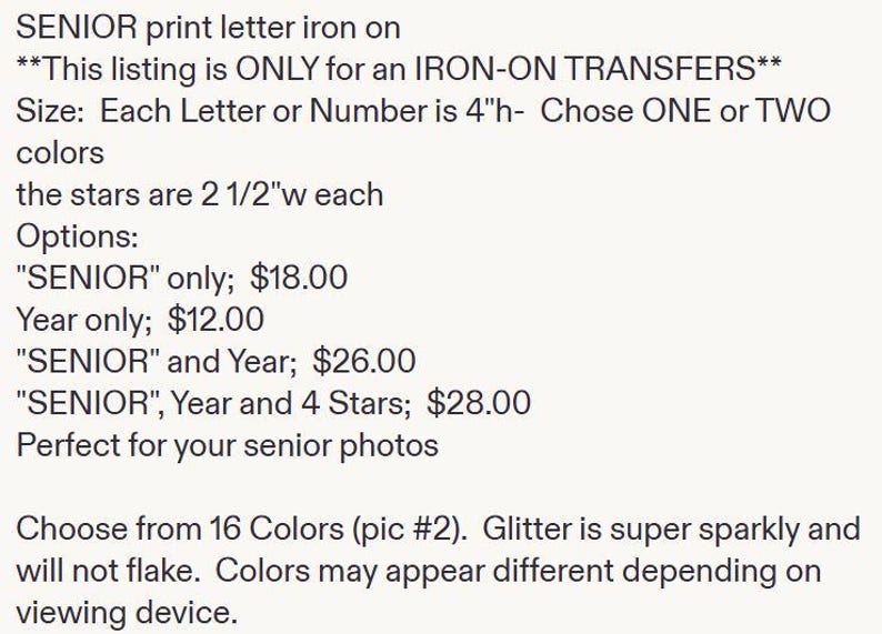 Glitter Senior Year Iron-On Decals - Custom Colors, DIY Jean Transfers afbeelding 4