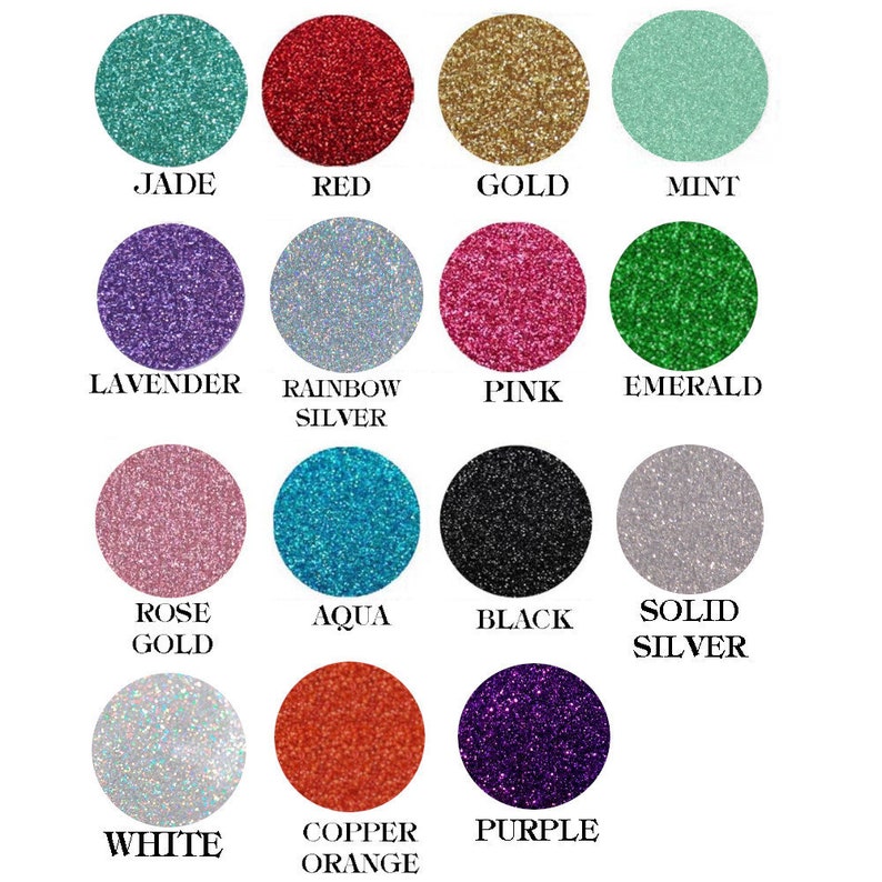 May include: A chart of 14 different glitter colours, including jade, red, gold, mint, lavender, rainbow silver, pink, emerald, rose gold, aqua, black, solid silver, white, copper orange, and purple.
