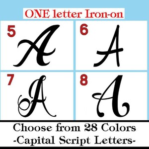 May include: Image of four black capital letter "A" iron-on transfers in different script styles, each on a white square. The text "ONE letter Iron-on" is at the top, and "Choose from 28 Colors -Capital Script Letters-" is at the bottom.