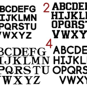 May include: Four different styles of the alphabet in black uppercase letters. The letters are arranged in rows, with each row containing a different style of letter. The letters are numbered 1 through 4.