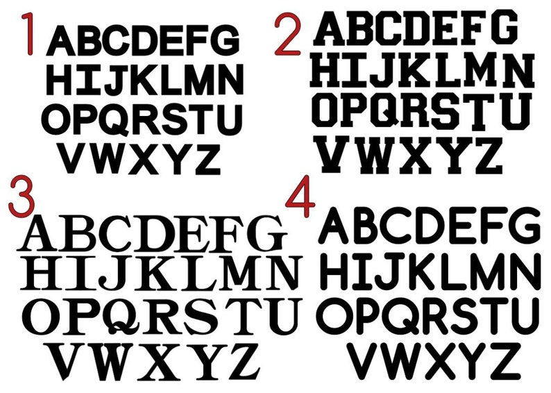 May include: Four different styles of the alphabet in black uppercase letters. The letters are arranged in rows, with each row containing a different style of letter. The letters are numbered 1 through 4.