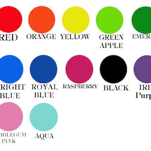 May include: A chart of 12 different coloured circles with the names of the colours written below each circle. The colours are red, orange, yellow, green apple, emerald, bright blue, royal blue, raspberry, black, iris purple, bubblegum pink, and aqua.