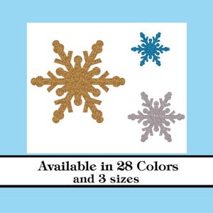 May include: Three glitter snowflake cutouts in gold, silver, and blue. Available in 28 colors and 3 sizes.