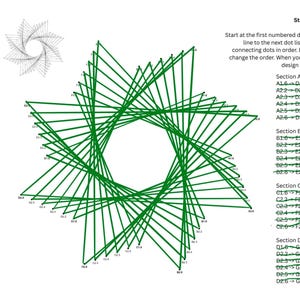 以下が含まれることがあります： 緑色の線で星形模様を形成するストリングアートプロジェクトガイド。指示は右側にあり、番号付きのドットと線の方向があります。小さなスパイラルデザインが左上隅にあります。