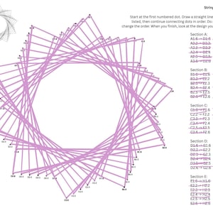 以下が含まれることがあります： ストリングアートの図と説明、完成したデザイン。デザインは、薄紫色の交差する線を持つ、大きく対称的な形です。説明は黒い文字で書かれています。