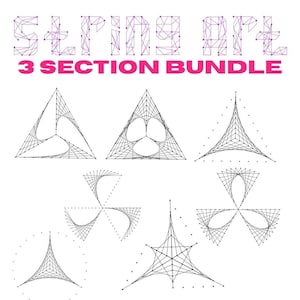 以下が含まれることがあります： 白い背景に、黒い糸で描かれたストリングアートのデザインが並んでいます。「STRING ART」の文字は紫で、「3 SECTION BUNDLE」はピンク色です。デザインには、三角形やスターバーストなどの幾何学的な形が含まれています。