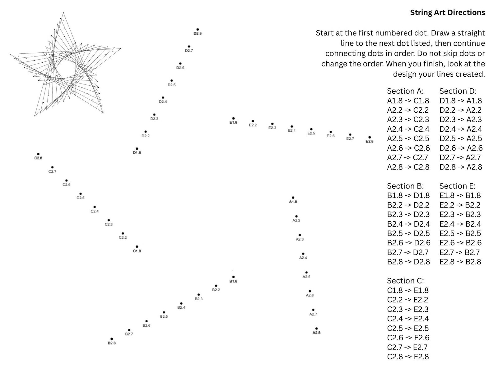 String Art Worksheet - 5 Section Star - Side 2-2 Connection Pattern - Etsy