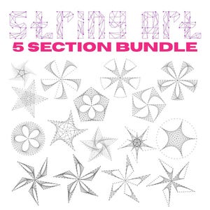 以下が含まれることがあります： 白い背景に黒い線で描かれたストリングアートのデザインの詰め合わせ。デザインには、星、花、幾何学模様が含まれています。「STRING ART」と「5 SECTION BUNDLE」の文字がピンクと紫で表示されています。