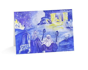 Shepherds Visit Baby Jesus - Christmas Card - Watercolor Nativity