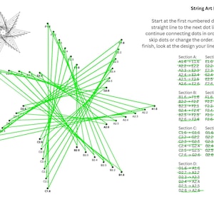 以下が含まれることがあります： 星型のデザインのストリングアート図。画像には、黒い点を繋ぐ緑色の線を持つ大きな星と、左上に小さな完成した星が描かれています。指示と点の接続は右側に記載されています。