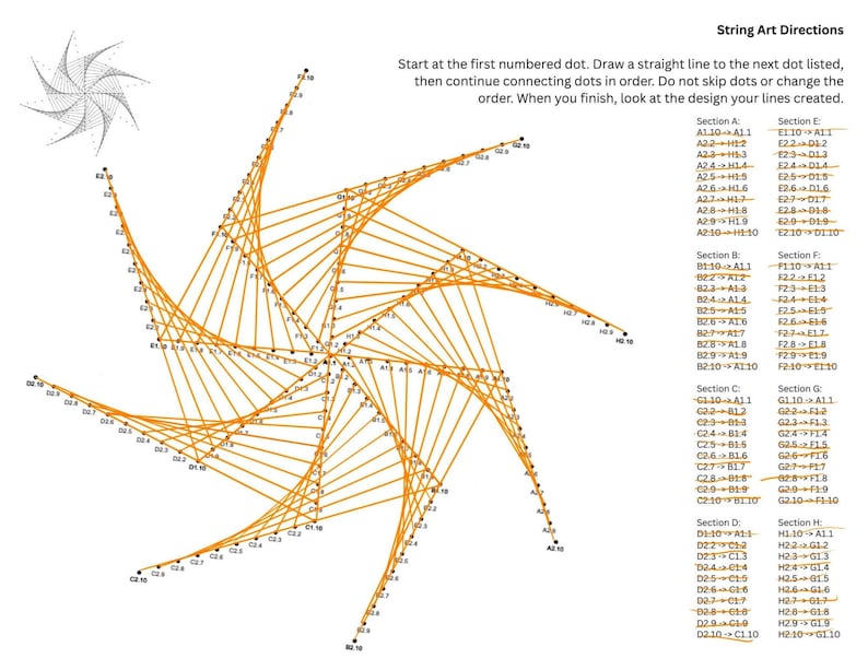 String Art Worksheet - 8 Section Star - 10 Points - Side 2-1 Connection ...