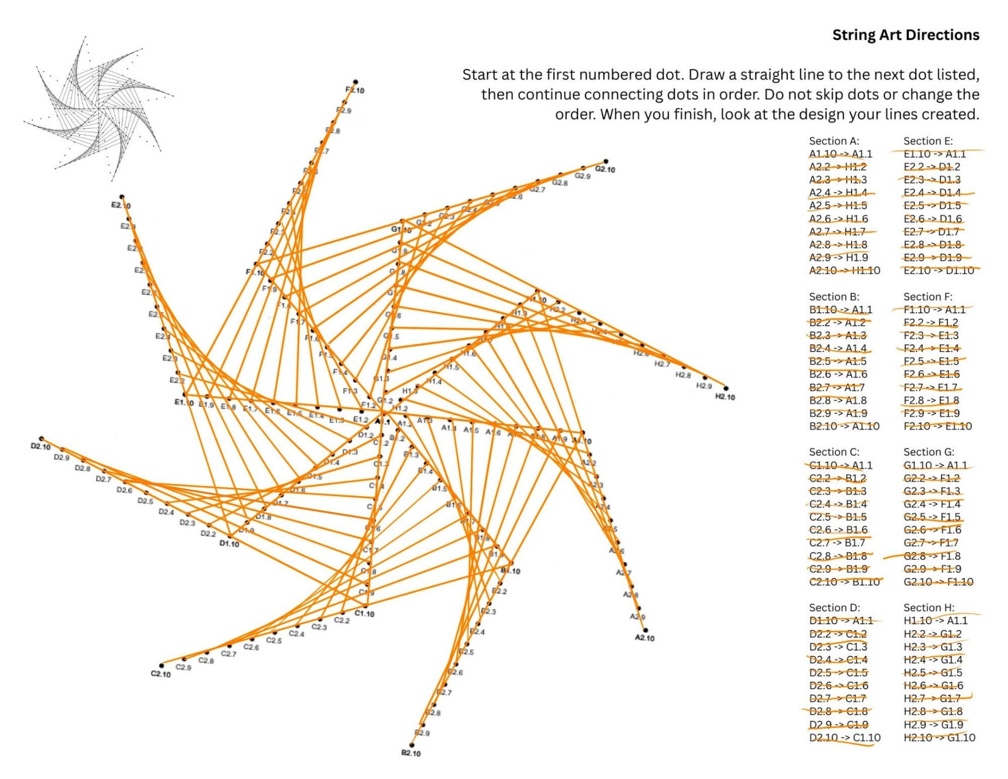 String Art Worksheet - 8 Section Star - 10 Points - Side 2-1 Connection ...