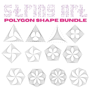 以下が含まれることがあります： 白黒の幾何学的なストリングアートのデザイン集。画像には、三角形、正方形、五角形、六角形など、さまざまな多角形の形状が示されており、それぞれに複雑なストリングパターンがあります。上部のテキストは「STRING ART」と「POLYGON SHAPE BUNDLE」です。