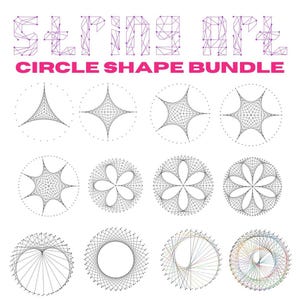 Könnte beinhalten: Eine Sammlung von String-Art-Designs in einem Kreisform-Bundle. Die Designs werden mit schwarzem Faden auf weißem Hintergrund erstellt und bilden verschiedene geometrische Muster. Der Text "STRING ART" und "CIRCLE SHAPE BUNDLE" ist in Pink und Lila dargestellt.
