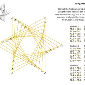 以下が含まれることがあります： ストリングアートの説明図。画像は、番号が付けられた点を結ぶ黄色の線で星型のデザインを示しています。右側のテキストは、ストリングアートを作成するためのステップバイステップの手順とセクションリファレンスを提供します。