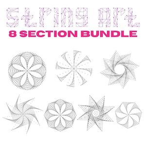 Könnte beinhalten: Ein Bild mit acht geometrischen String-Art-Designs in Schwarz und Weiß. Die Designs umfassen florale und sternförmige Muster. Der Text "STRING ART" ist in Lila und "8 SECTION BUNDLE" in Pink dargestellt.