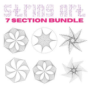 以下が含まれることがあります： 7つの幾何学模様を特徴とするストリングアートバンドル。デザインには、黒い糸と白い背景のドットで作成された星と花のパターンが含まれています。「STRING ART」と「7 SECTION BUNDLE」のテキストは紫とピンクで表示されます。